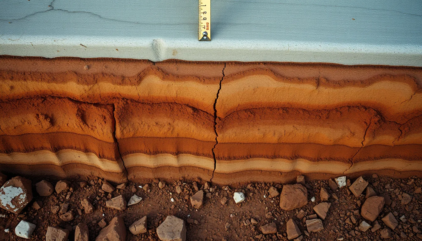 Excavated Colorado soil profile showing expansive clay layers beneath a lifted concrete slab edge