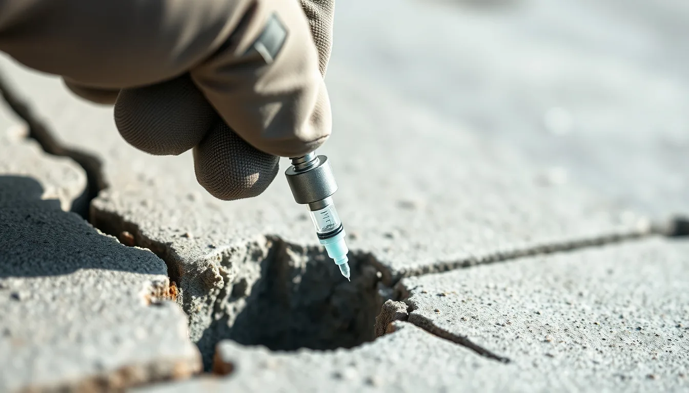 Technician injecting epoxy resin into a structural crack in a Colorado concrete driveway slab