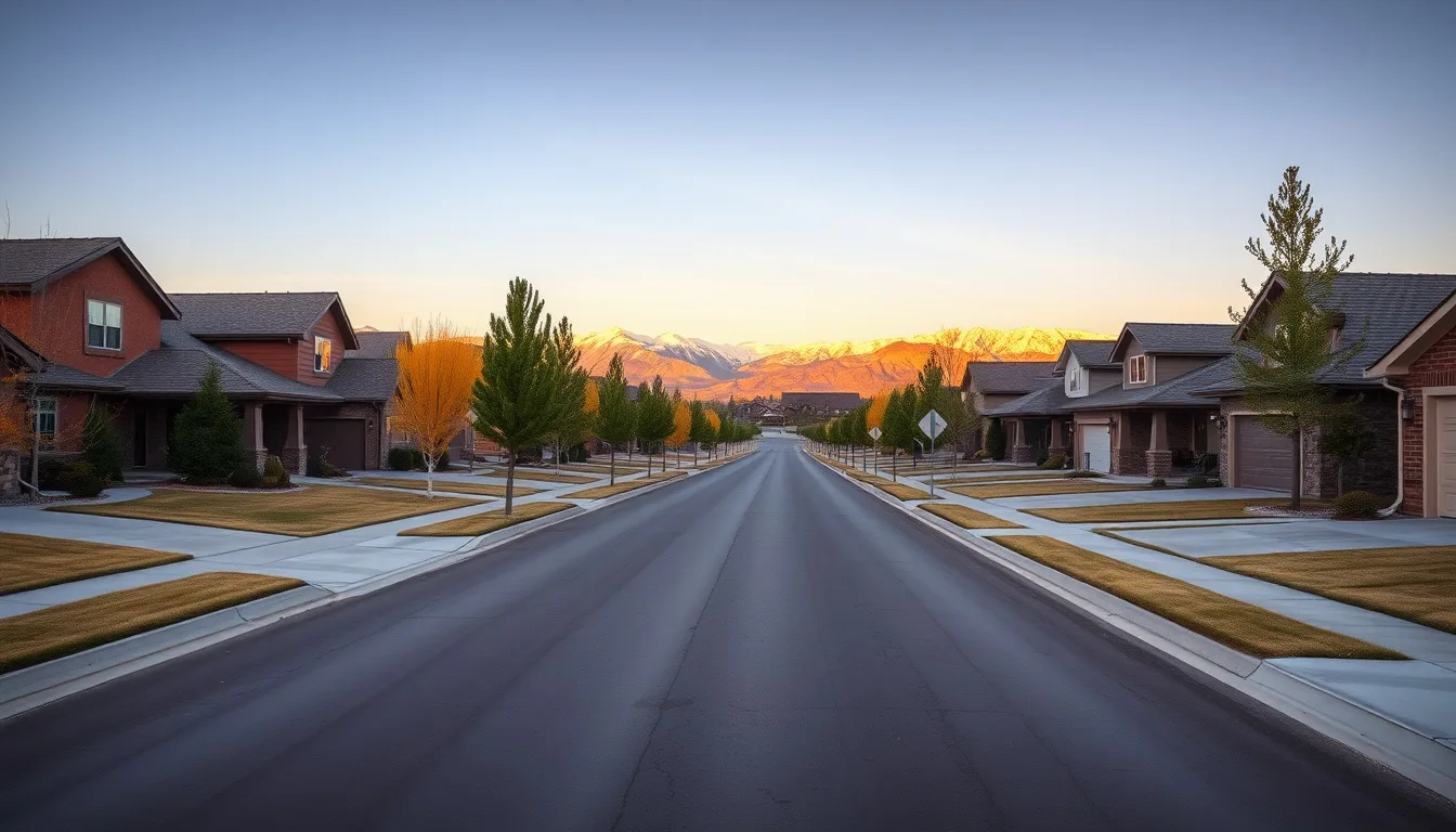 Front Range Colorado suburban street with level driveways and snow-capped mountains at golden hour